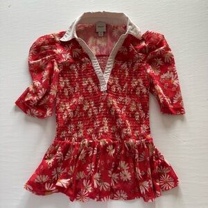 Maeve Floral Mesh Smocked Semi Sheer Top Bohemian Y2K XS